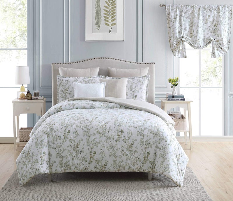 Laura Ashley Home - Queen Comforter Set, Cotton Reversible Bedding, Includes Matching Shams with Bonus Euro Shams & Throw Pillows (Lindy Green, Queen) - Image 1